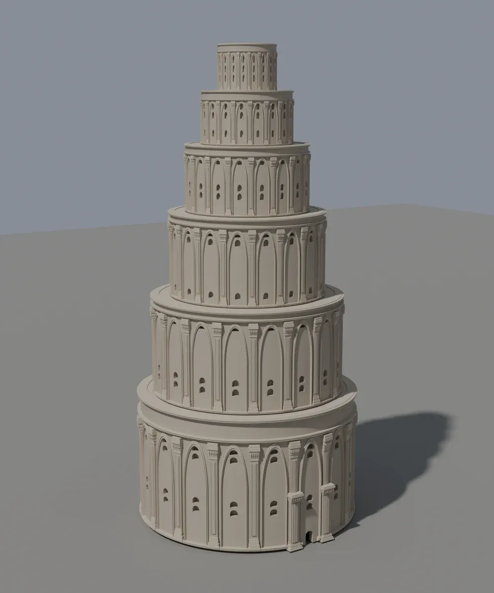Blender architectural QA render of actual procedural source geometry: tiered facade, fluted pilasters, cornices and smaller window surrounds. Provisional source materials.