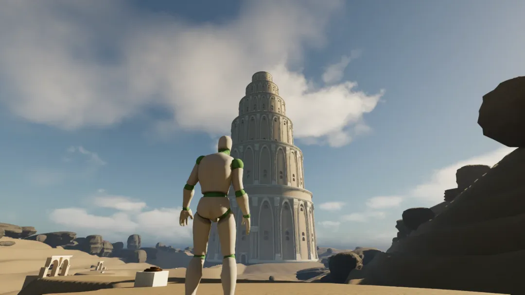 Actual September 19 Play In Editor capture: the existing character faces the early tower from the arrival route.