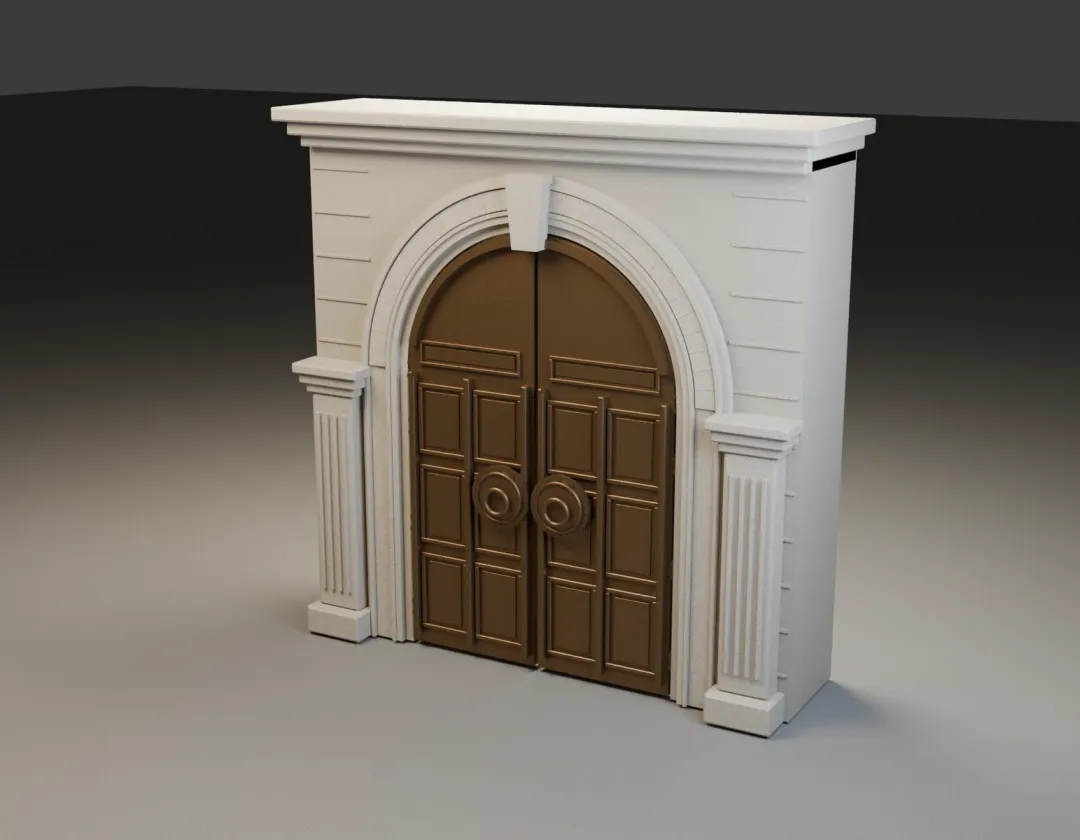 Blender look-development render of the actual gate geometry, with paired bronze leaves, carved archivolts and pilasters. Provisional source shaders; not Unreal gameplay.
