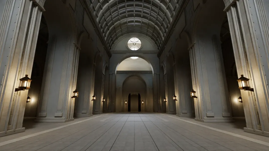Actual Revision 3 Unreal editor view of the enclosed gate hall, with tall stone bays, a vaulted ceiling and warm lamps.
