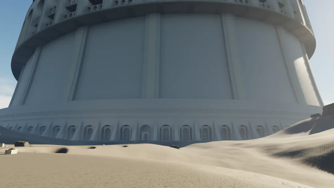 Ground-level Unreal editor view of the Revision 4 approach beneath the four-kilometre tower. The upper facade is scenic architecture.