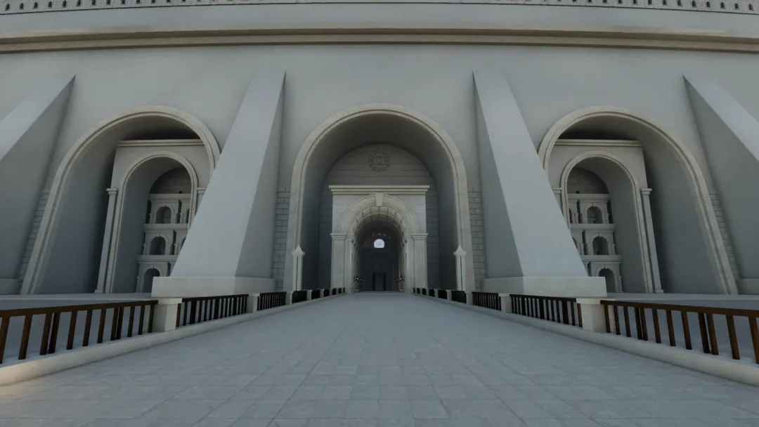 Actual Revision 5 Unreal render of the bridge, paired stone pylons and wall crest beneath the monumental entrance.