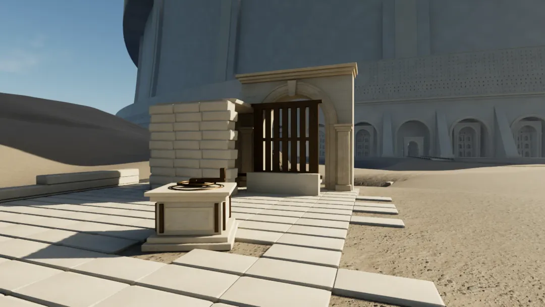 Actual Revision 7 Unreal render of the masonry terrace, crank console and viewing shutter. A settled editor still, not proof of activation.