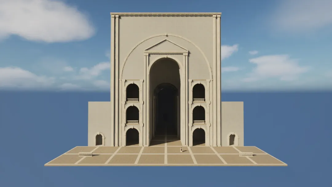 Actual Unreal capture of an unfinished, isolated Revision 8 entrance study with fitted crown infill, pediment and paired pilasters. Not the playable arrival.
