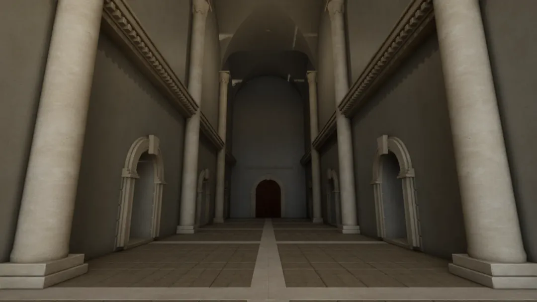 Actual Unreal inspection of the enclosed Revision 8 nave, supported vault cells and static gate specimen. Lighting and fine detailing remain unfinished.