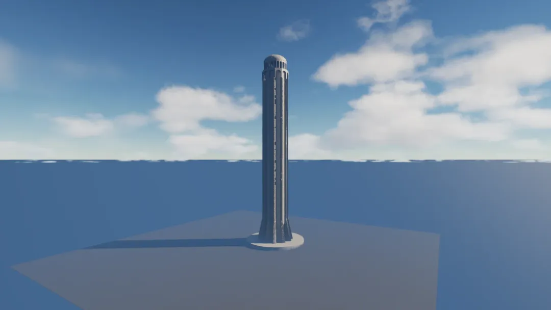 Actual Unreal capture of the isolated four-kilometre Revision 8 spire on a neutral display plane. The surrounding basin and terraces are not built.