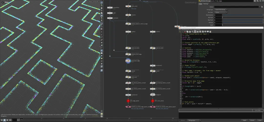 Houdini viewport showing coloured scatter points pushed away from maze edge lines after distance-based falloff tuning.
