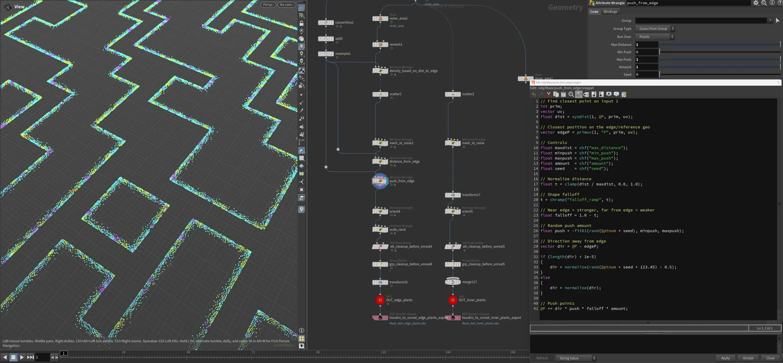 Houdini viewport showing coloured scatter points pushed away from maze edge lines after distance-based falloff tuning.