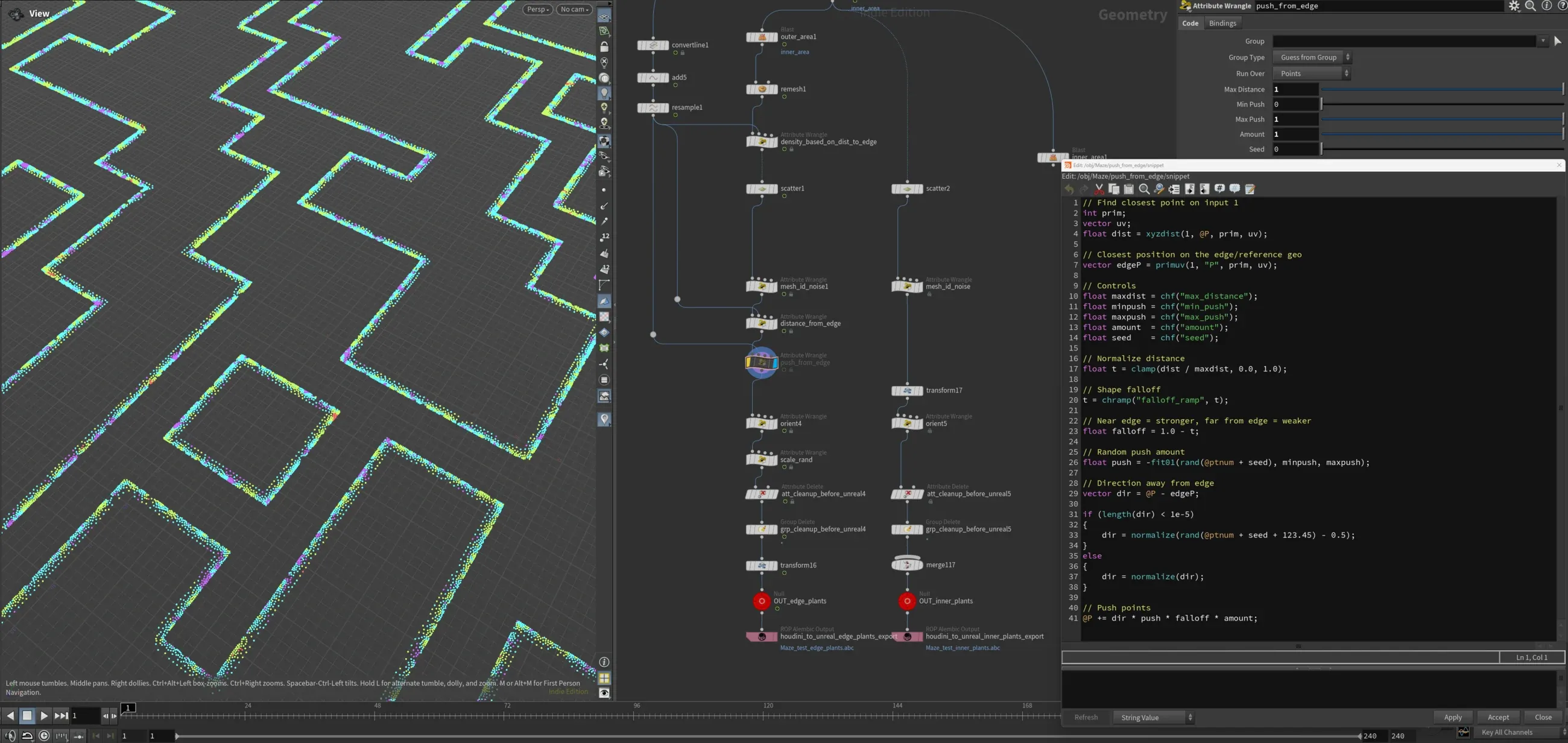 Houdini viewport showing dense coloured scatter points closely following maze edge lines before distance tuning.