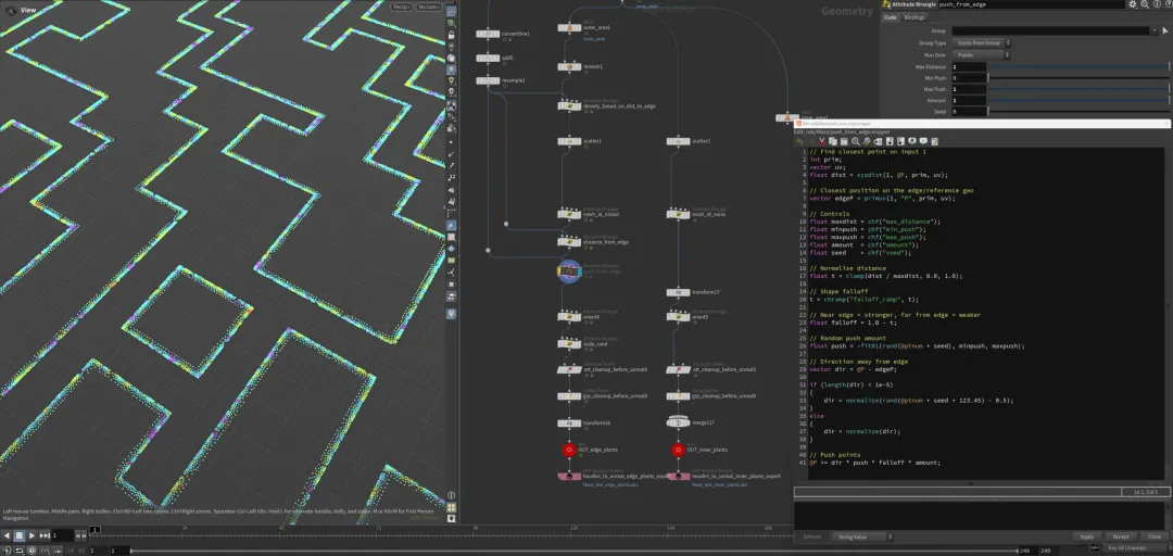 Houdini viewport showing dense coloured scatter points closely following maze edge lines before distance tuning.