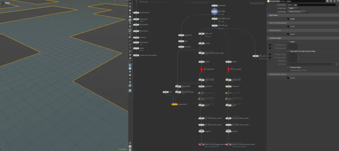 Houdini viewport and network showing maze edge lines selected for an outer edge vegetation scatter setup.