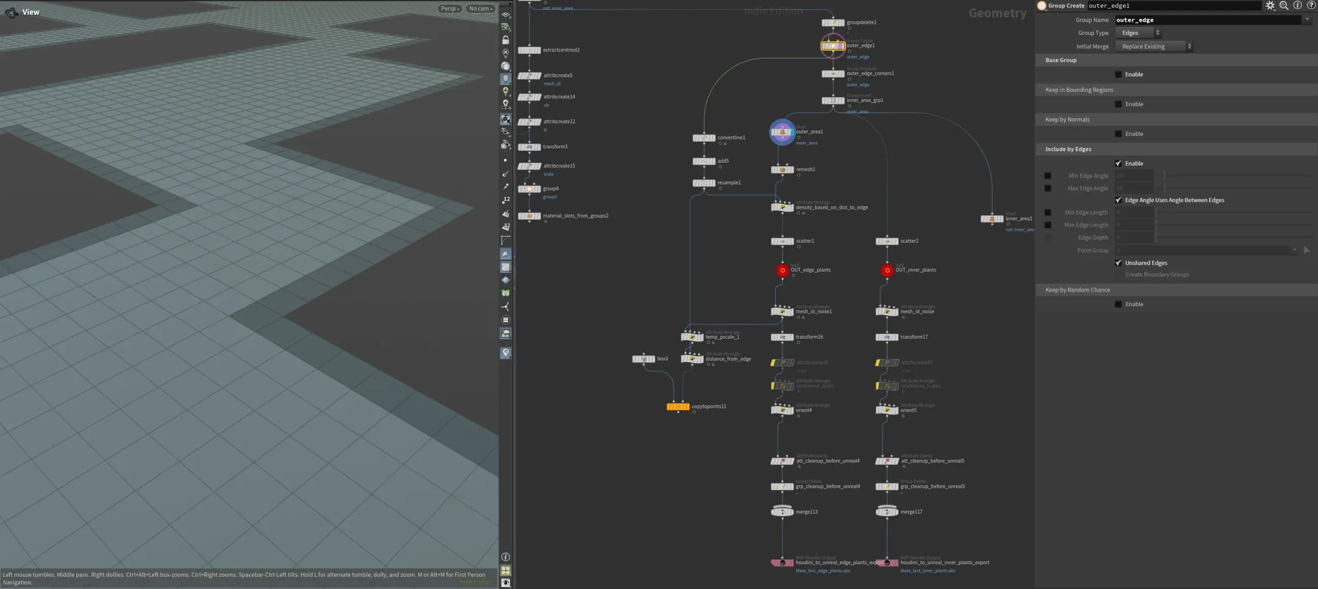 Houdini node graph showing separate inner and outer edge scatter branches for a maze layout.