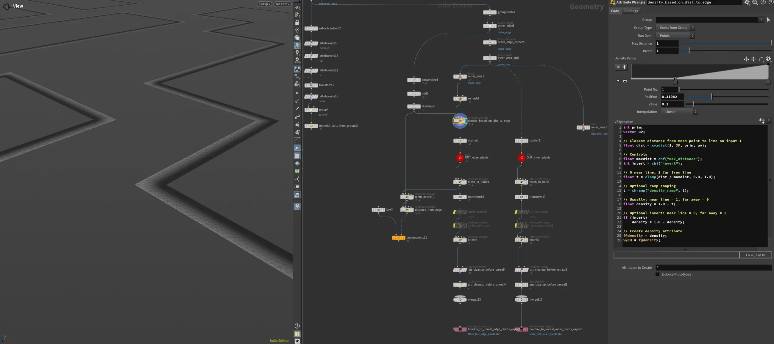 Houdini node graph and viewport showing point density controlled by distance from maze edges.