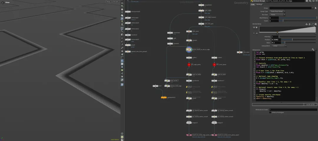 Houdini node graph and viewport showing point density controlled by distance from maze edges.