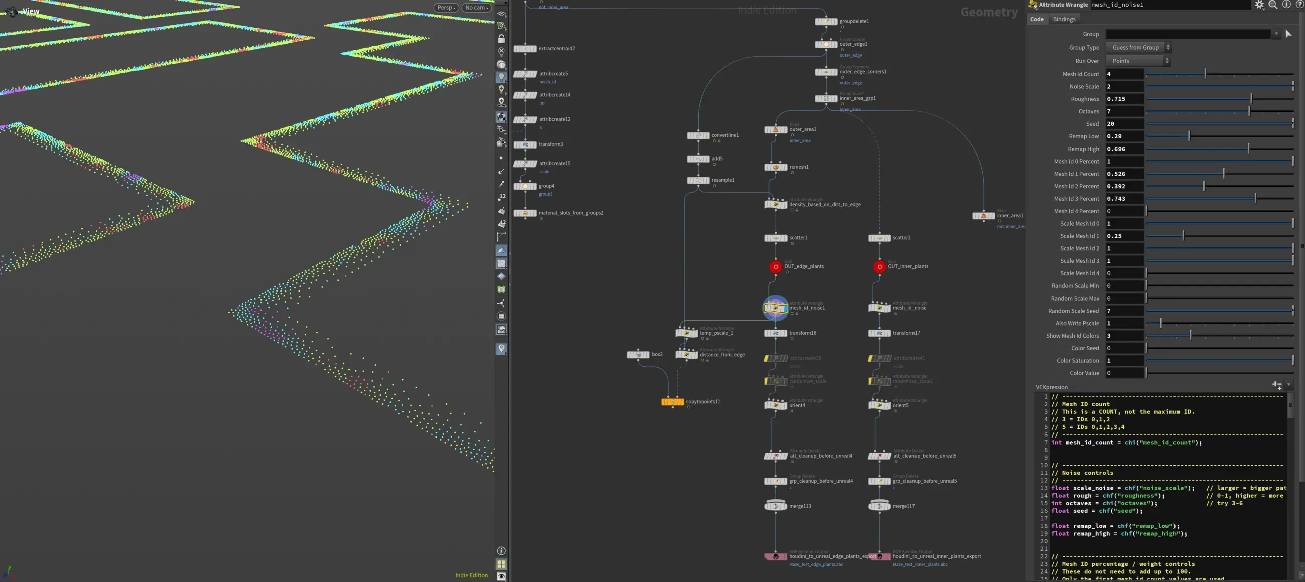 Houdini network showing noise, orientation, scale randomisation, and cleanup nodes for vegetation scatter points.