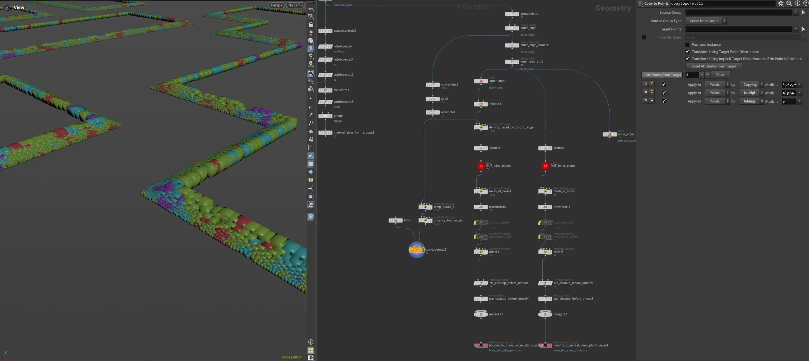 Houdini network showing edge plant and inner plant export outputs for an Unreal vegetation scatter workflow.