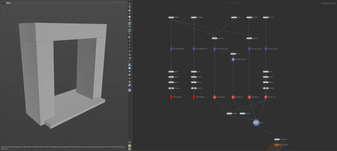 Houdini viewport and node graph showing a blockout hub door frame asset.