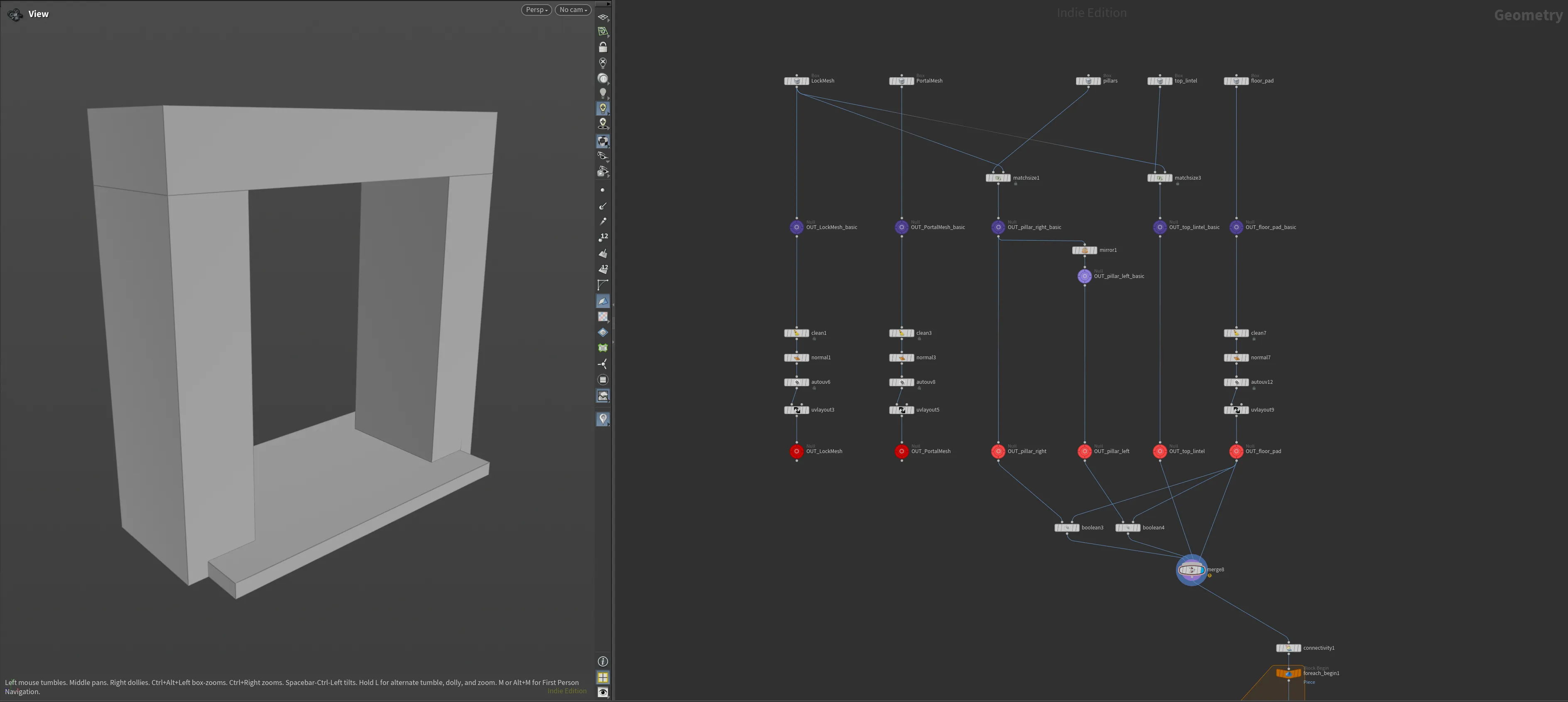 Houdini viewport and node graph showing a blockout hub door frame asset.