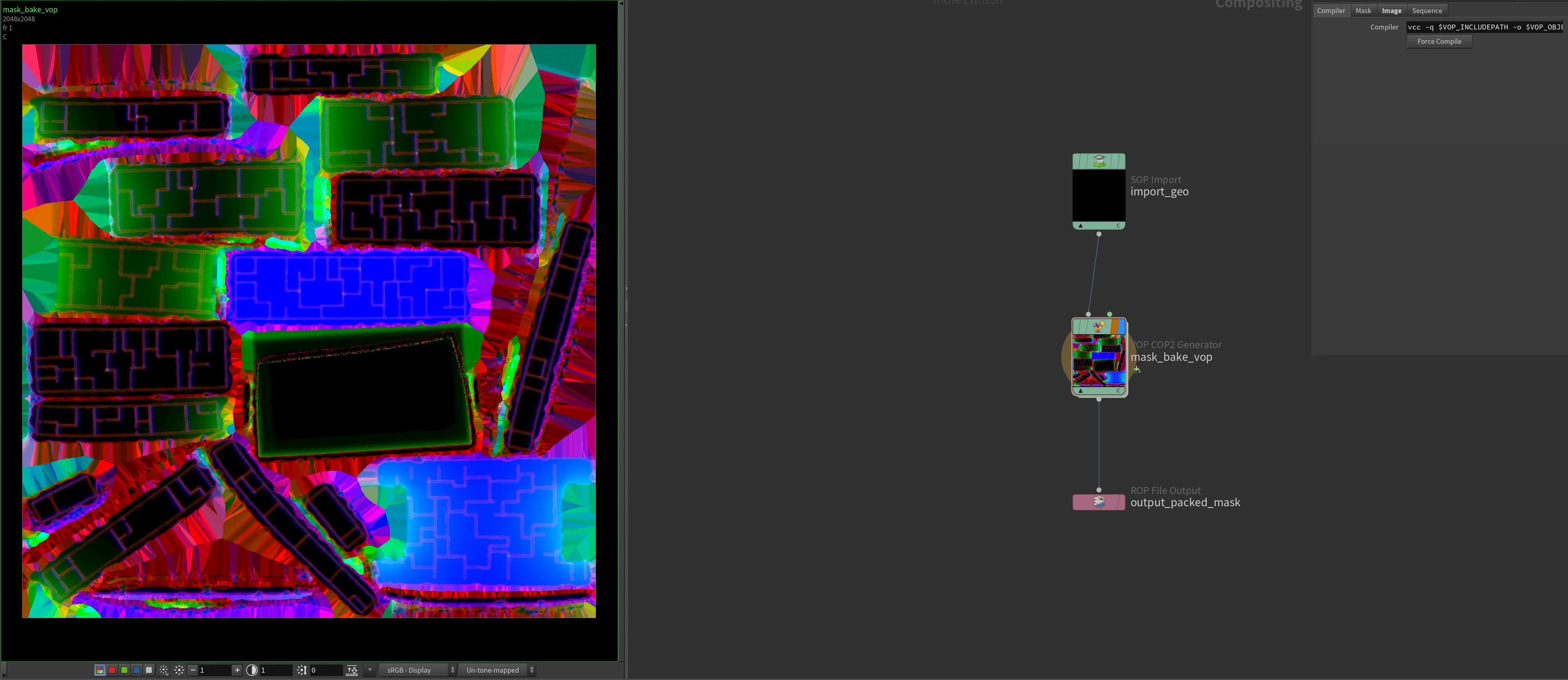 Houdini COPs view showing packed colour mask output for hub door asset pieces.