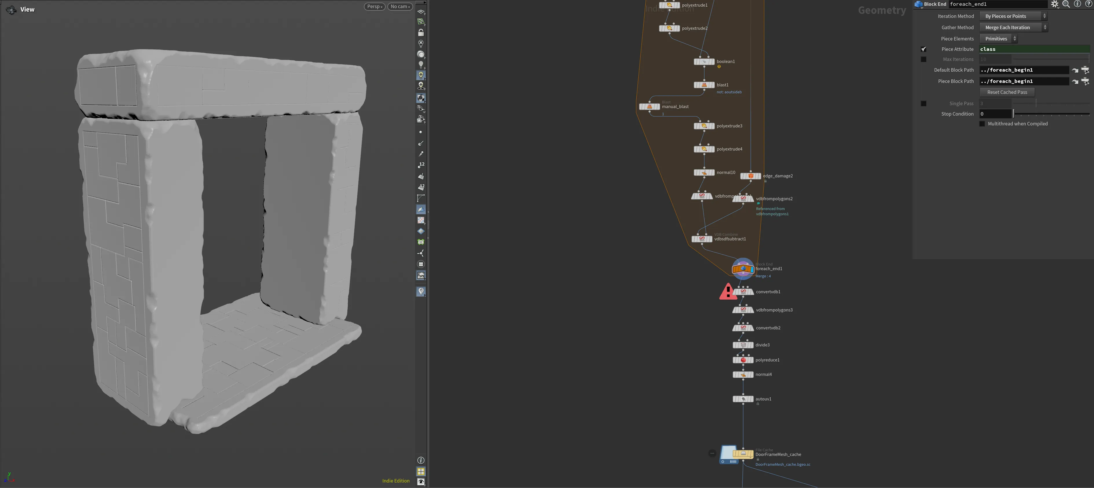 Houdini viewport and node graph showing a hub door mesh with damaged edges.