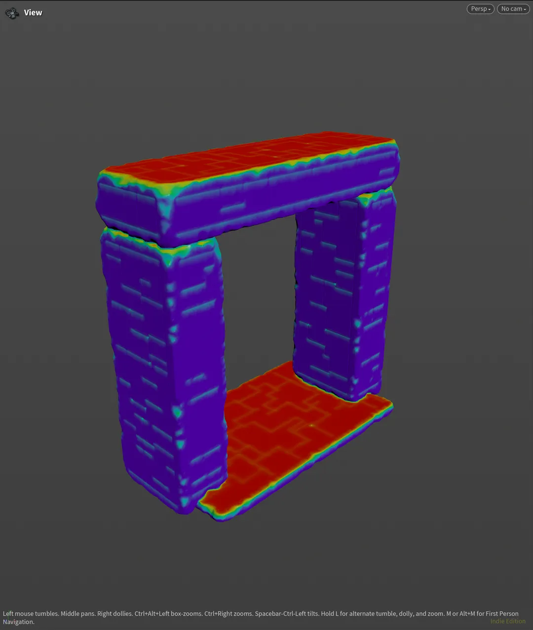 Houdini viewport showing a hub door mesh with a coloured slope and edge mask preview.