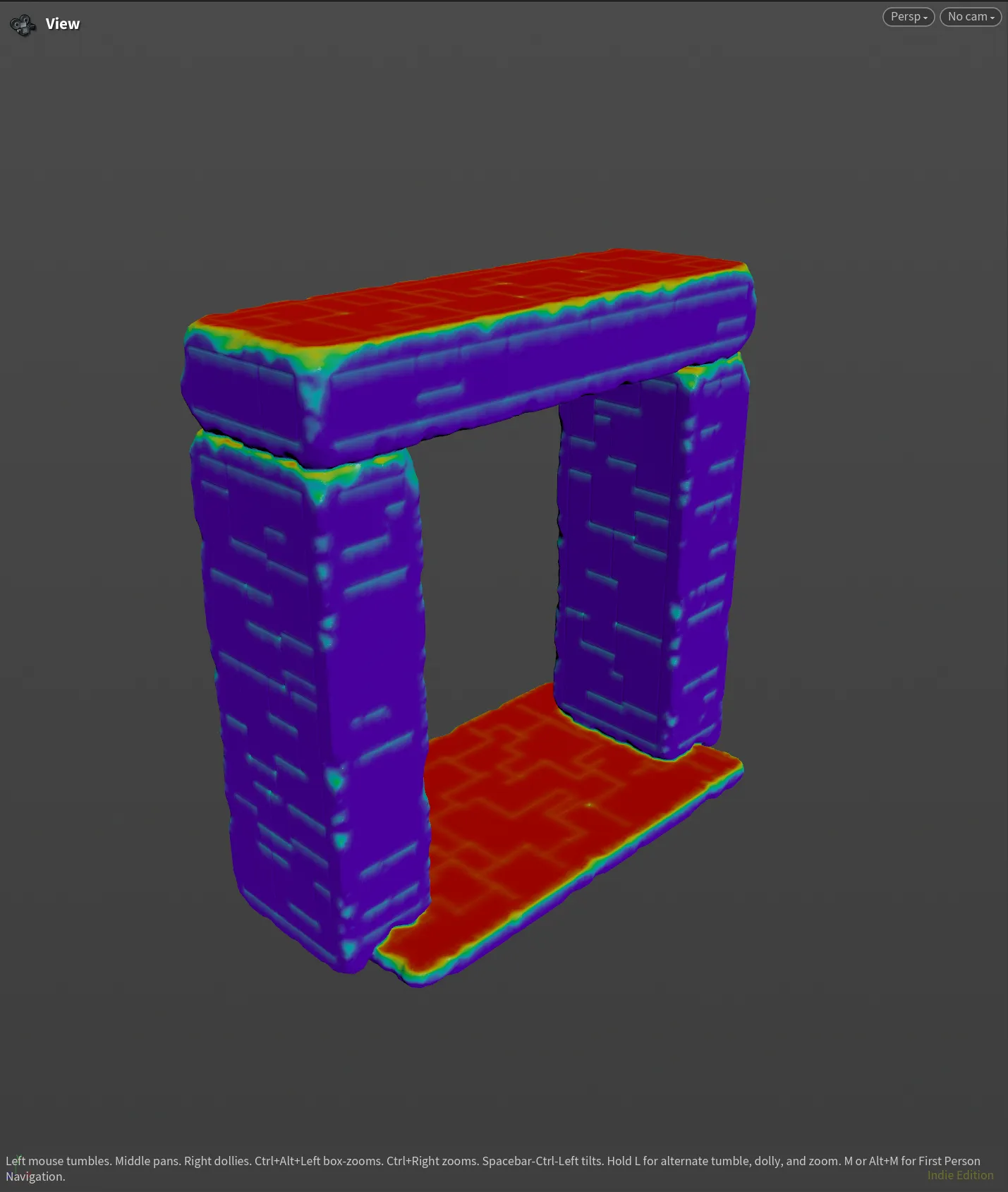 Houdini viewport showing a hub door mesh with a coloured slope and edge mask preview.