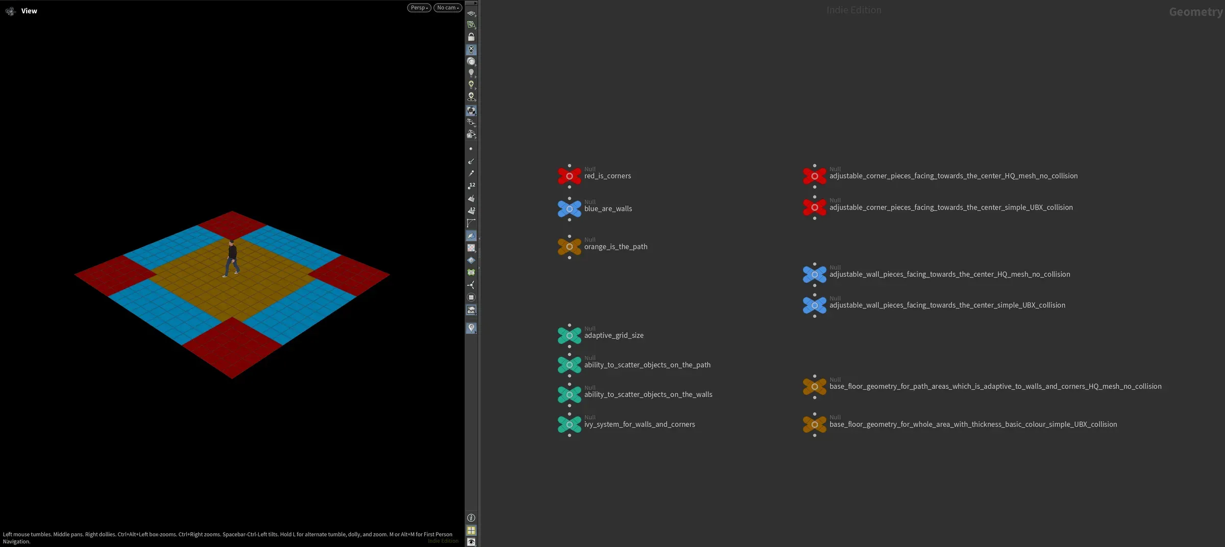 Houdini viewport showing red corner zones, blue wall zones, an orange path area, and a node graph of adjustable wall and corner outputs.