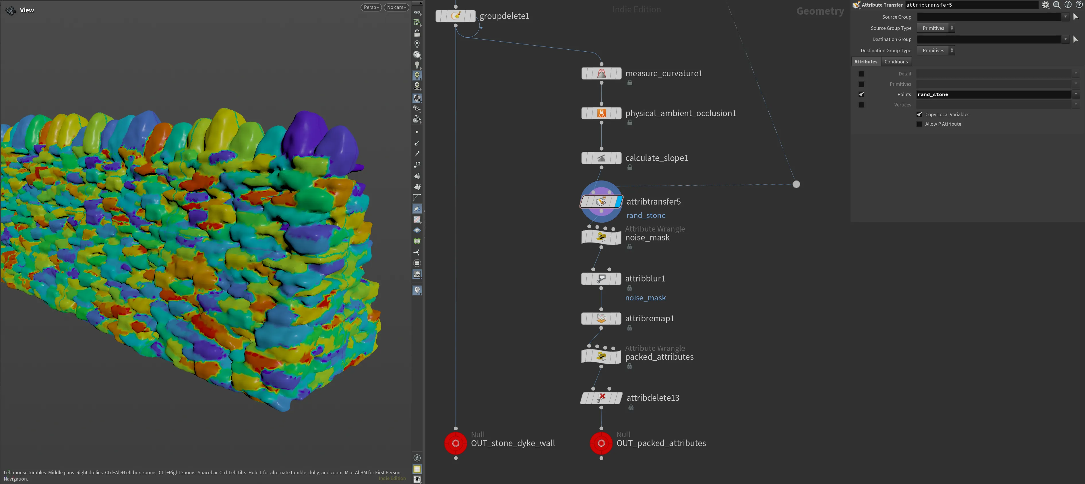 Houdini node graph and viewport showing colour masks generated from stone wall attributes.