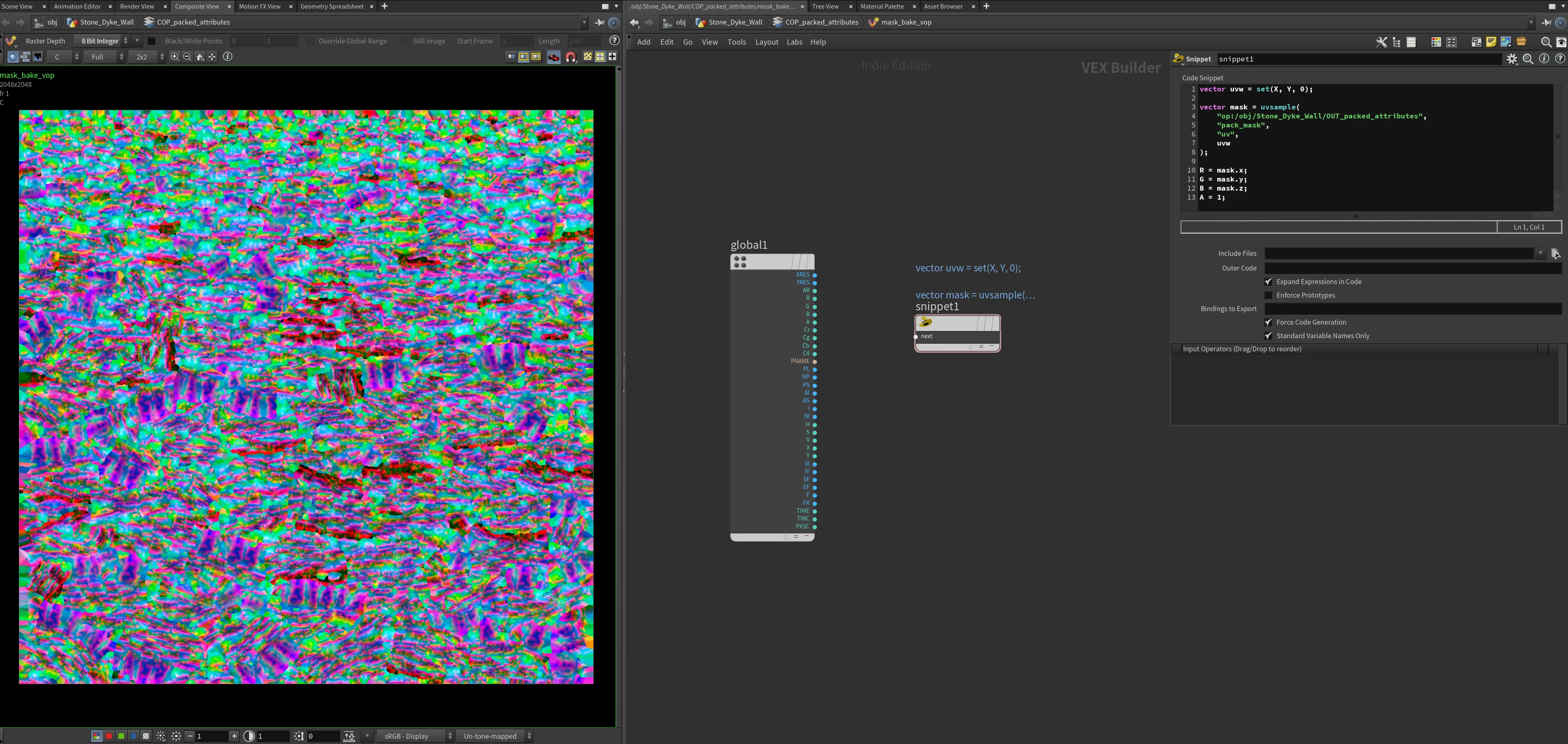 Houdini COPs view showing a packed multi-colour mask texture for the stone wall.
