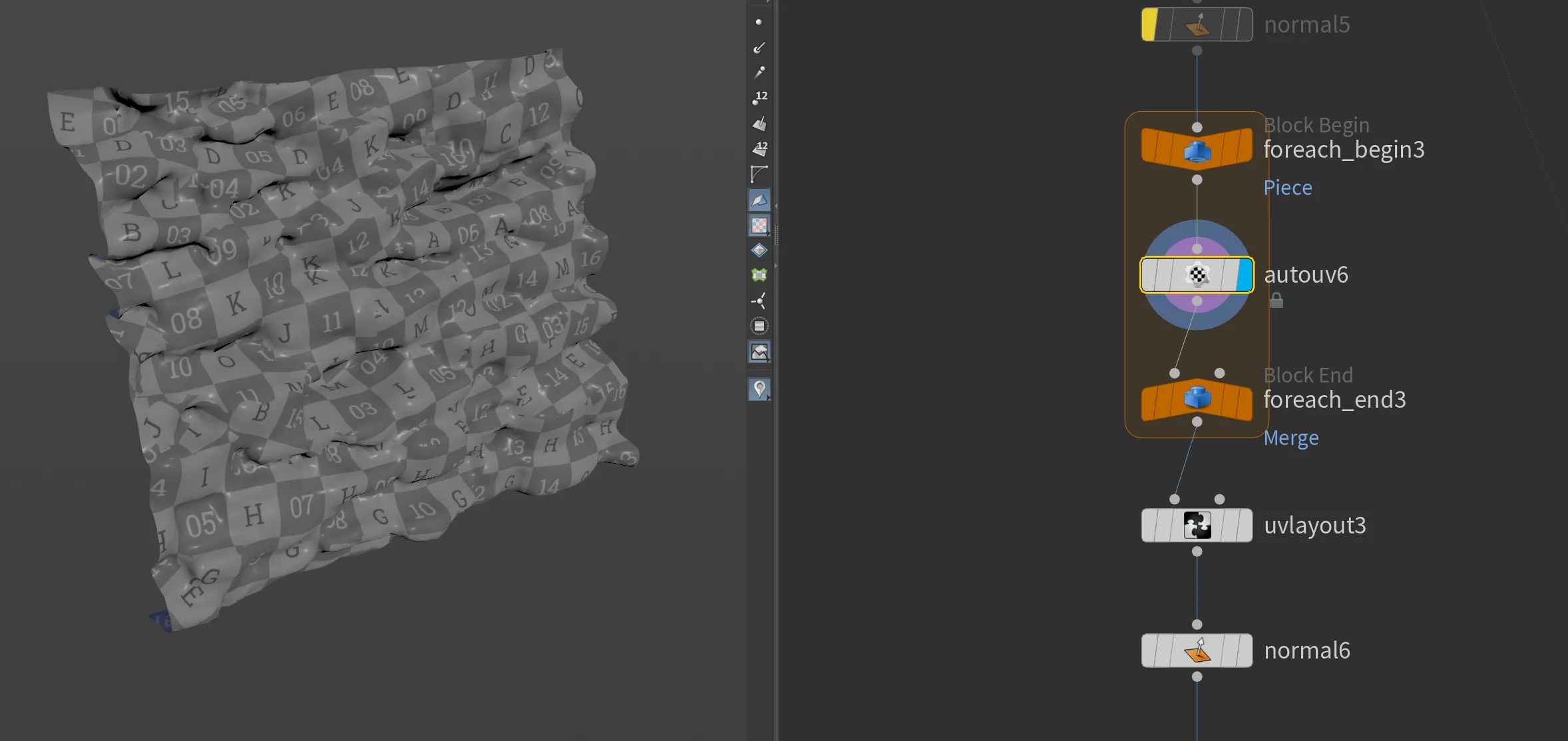 Houdini viewport and node graph showing a for-each auto UV and UV layout setup for a stone wall.