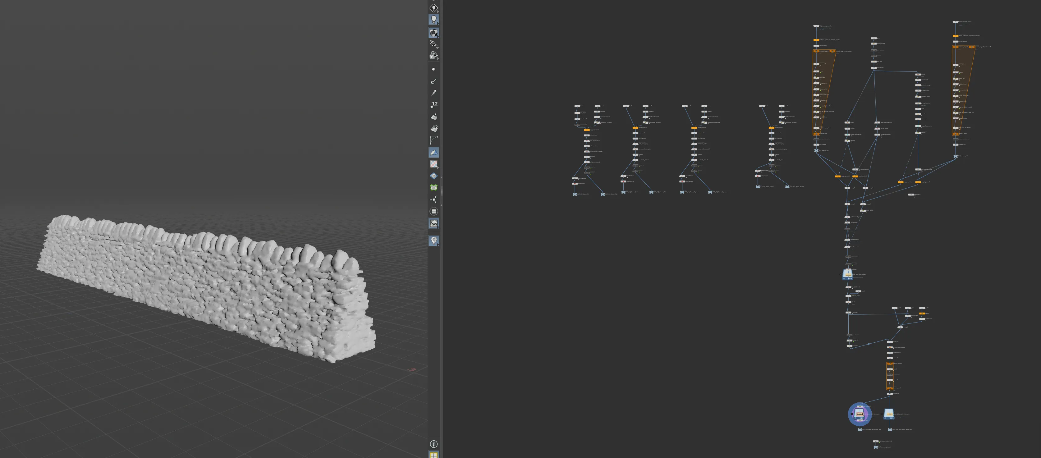 Houdini node network beside a viewport showing the stone wall module.