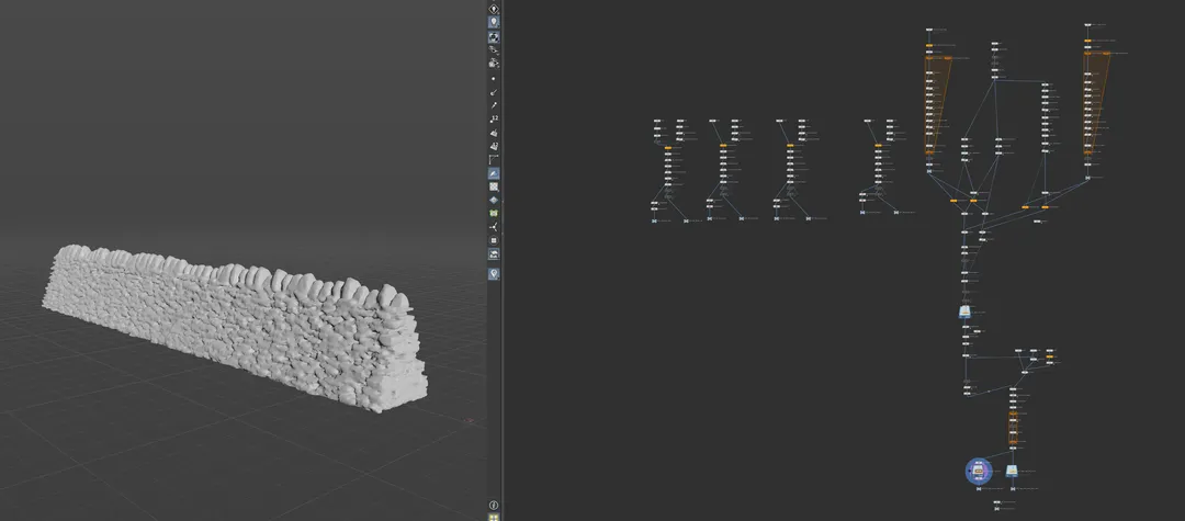 Houdini node network beside a viewport showing the stone wall module.