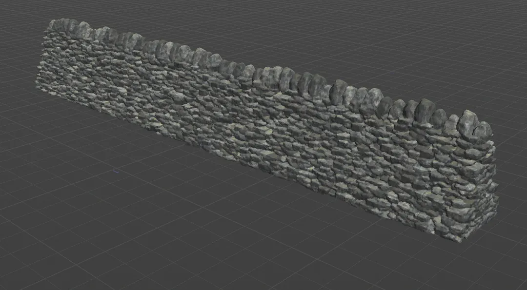Textured procedural dry-stone wall module in a Houdini viewport.