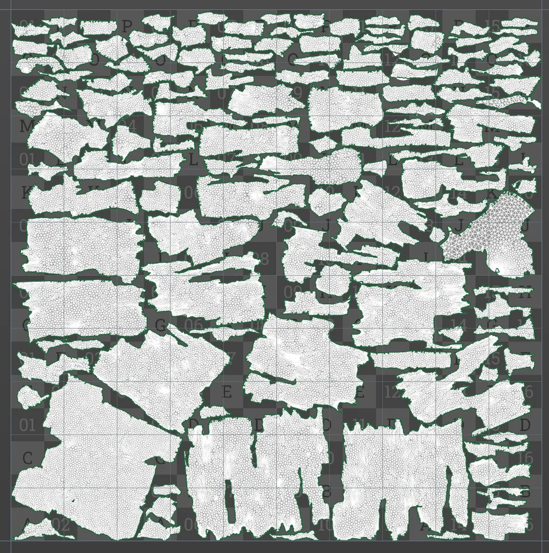 Houdini UV layout screenshot for a stone wall asset.