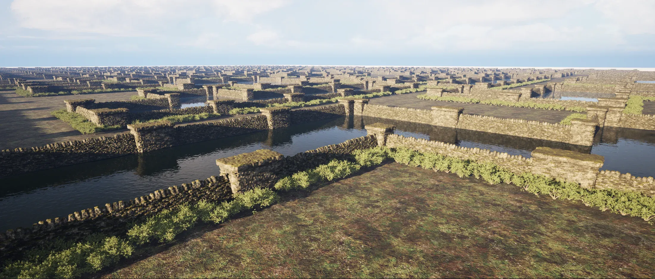 Wide Unreal Engine preview of a large dry-stone maze with water channels, textured ground, and low vegetation beside the walls.