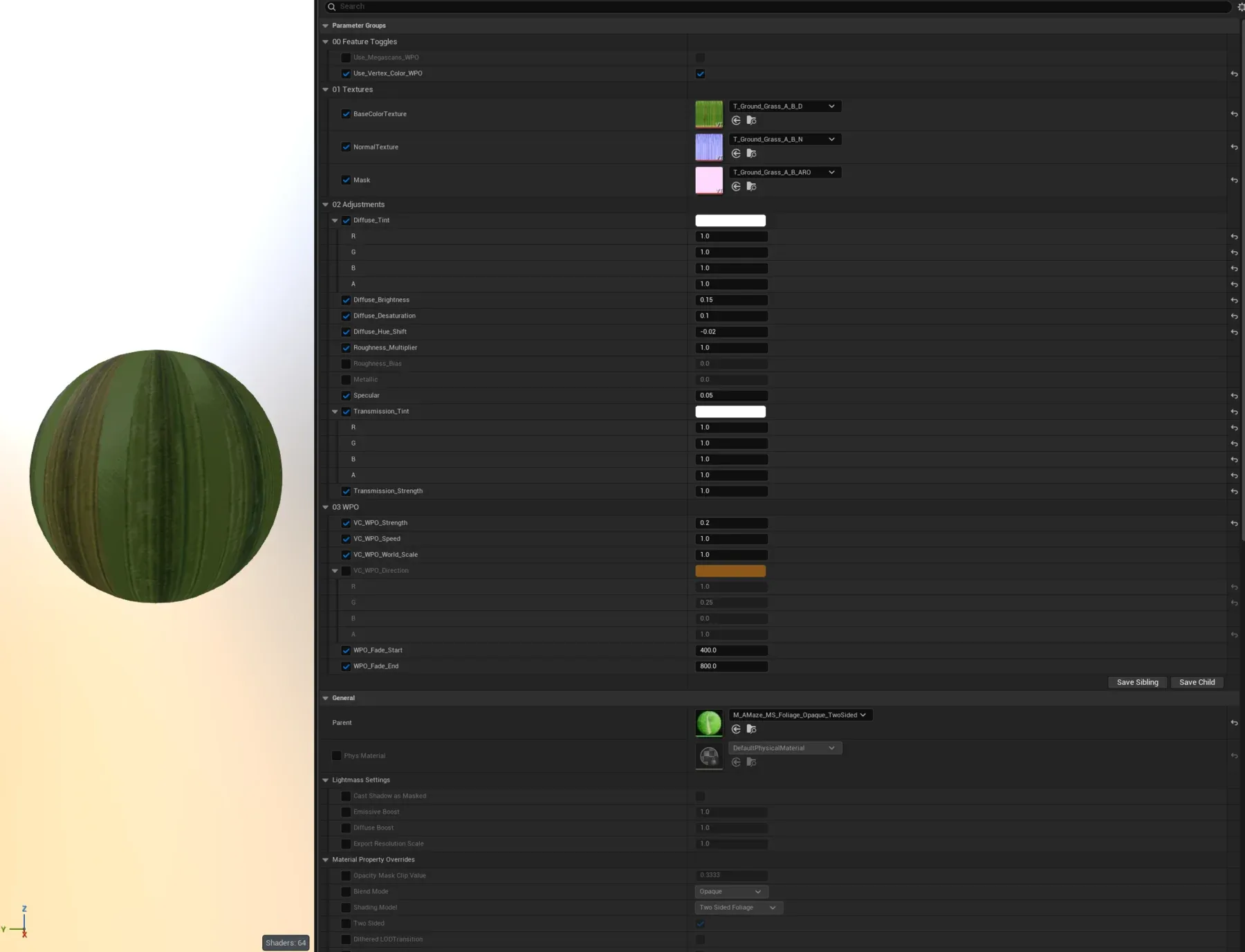 Unreal Engine material instance editor for a grass foliage asset with texture and scalar controls.
