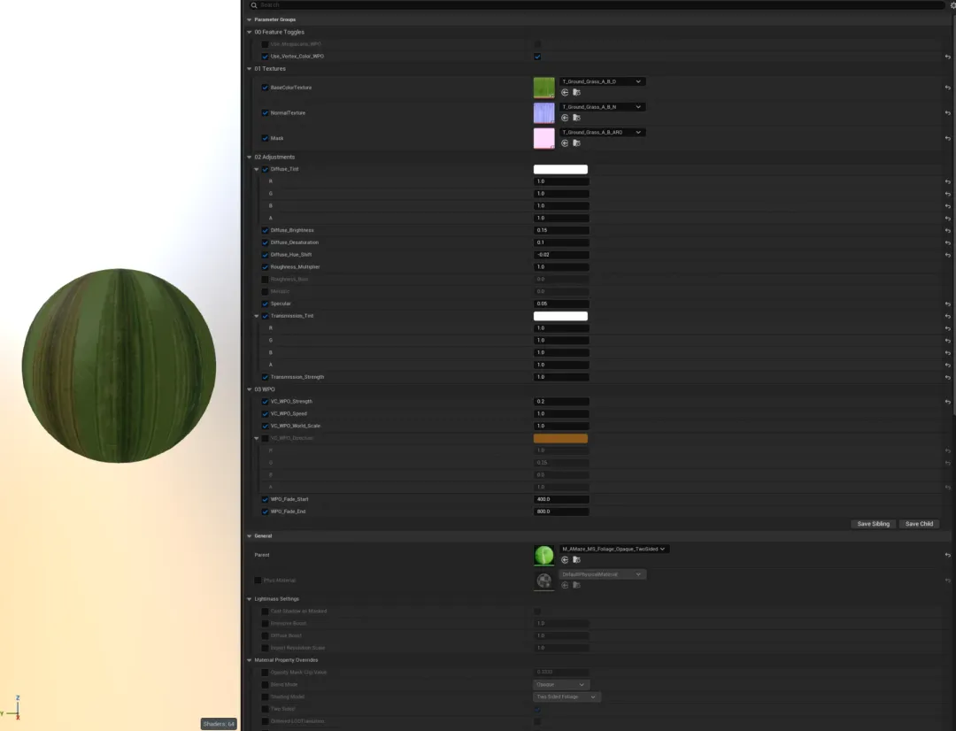 Unreal Engine material instance editor for a grass foliage asset with texture and scalar controls.