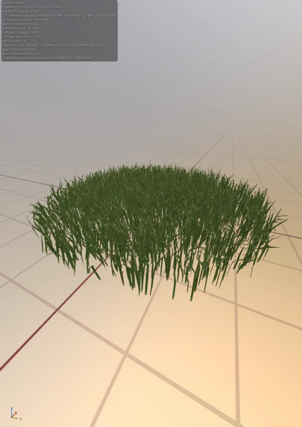 Unreal Engine static mesh editor showing a dense clump of grass cards with Nanite statistics visible.