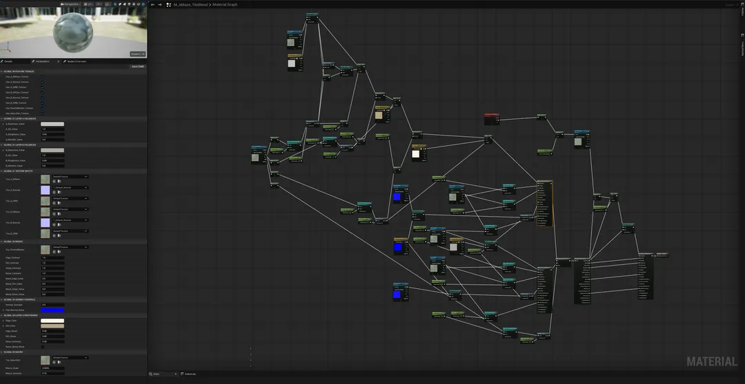 Unreal Engine material editor showing the AMazeIn master material node network.