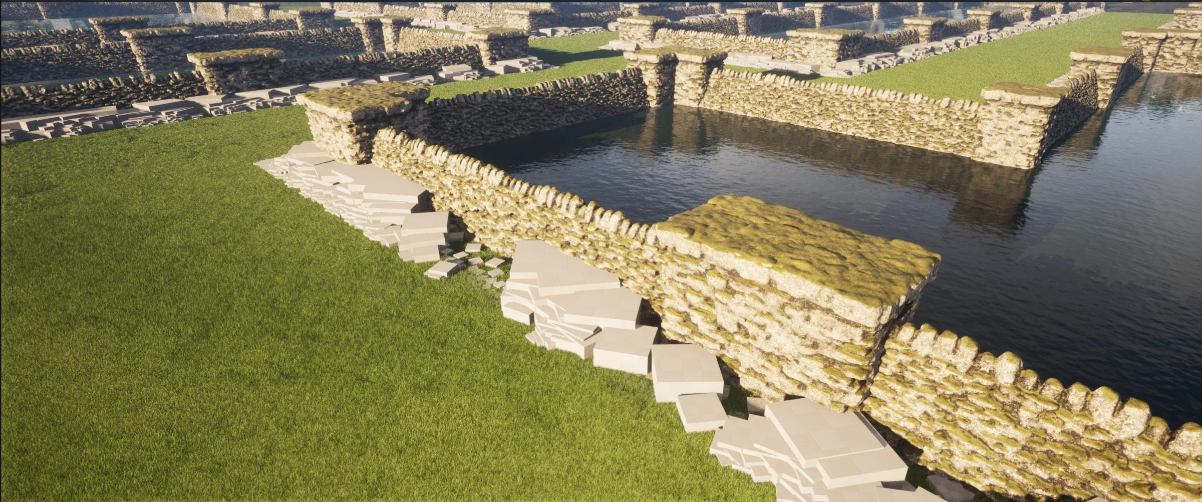 Unreal Engine viewport showing a stone maze beside water with grass and scattered blockout vegetation along the wall edges.