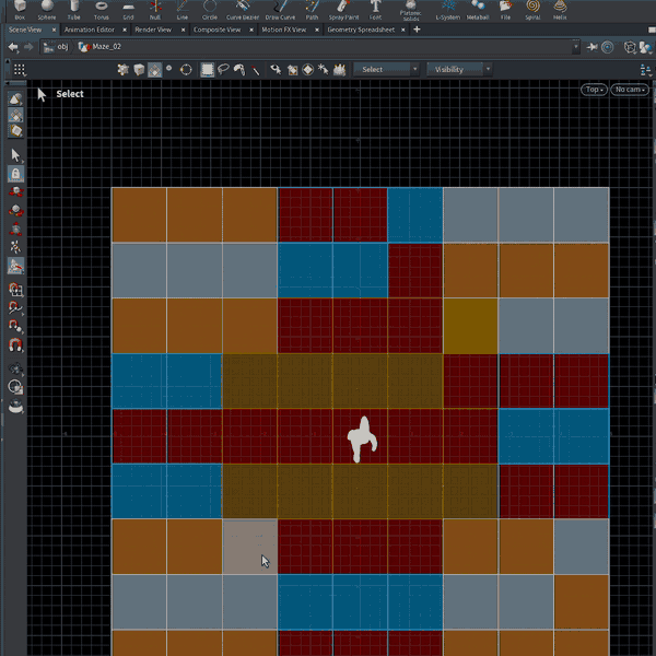 Houdini viewport changing from colour-coded placed points into a small four-sided wall enclosure.