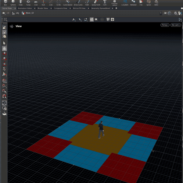 Houdini viewport showing a placed geometry test piece change width, depth, and orientation.
